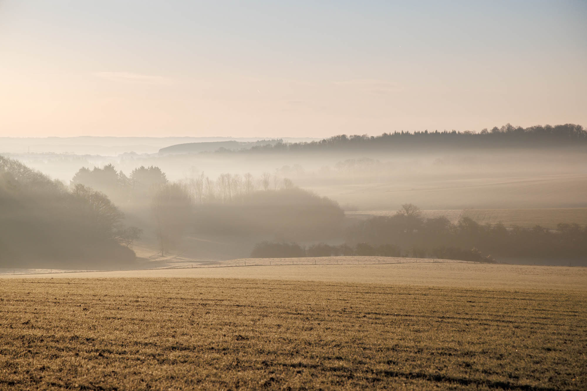 Landschap van Pair bij zonsopgang met mist over velden en heuvels van de Condroz