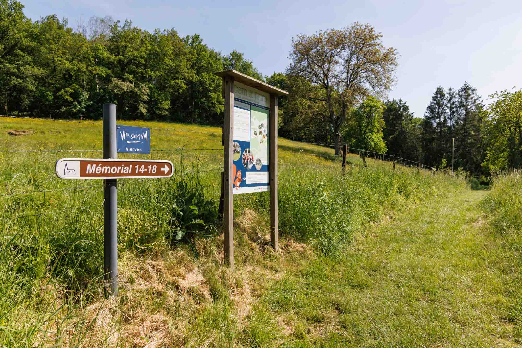 Panneau d’information et de balisage le long d’un sentier verdoyant à Viroinval, en bordure de prairie.